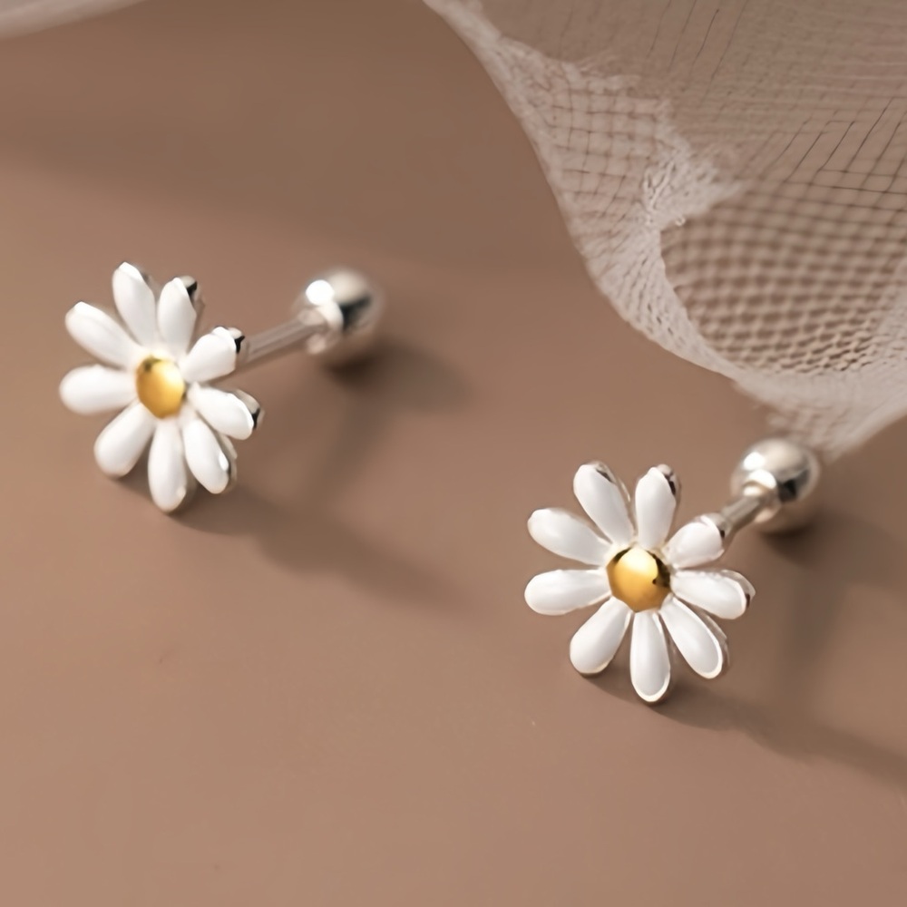 Solid Silver Daisy Flower Screw Back Studs Earrin… - image 7